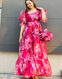 Hot Pink Flower Printed Organza Partywear Dress