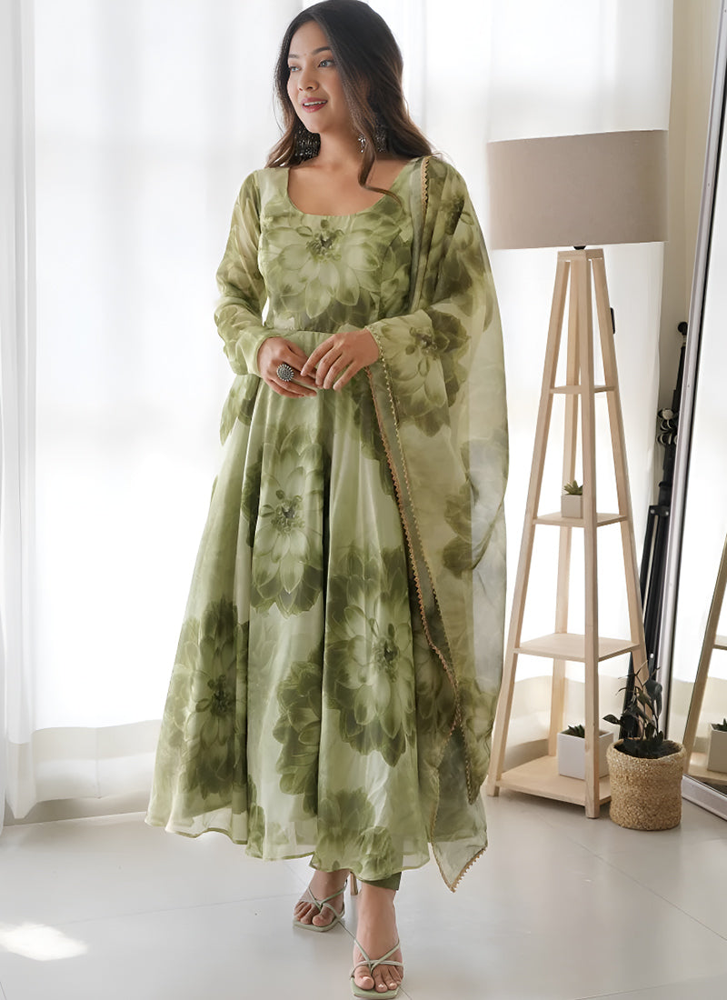 Mehendi Digital Printed Organza Dress With Dupatta