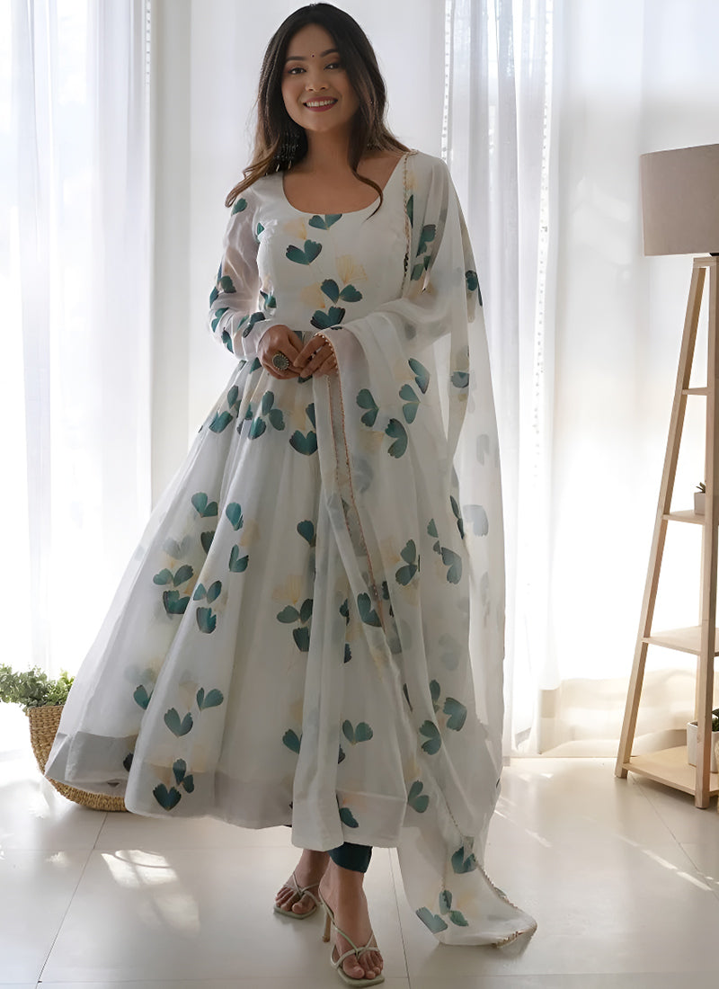 White And Green Printed Organza Dress With Dupatta
