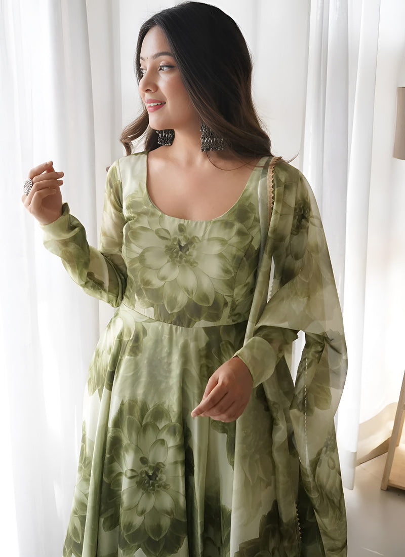 Mehendi Digital Printed Organza Dress With Dupatta