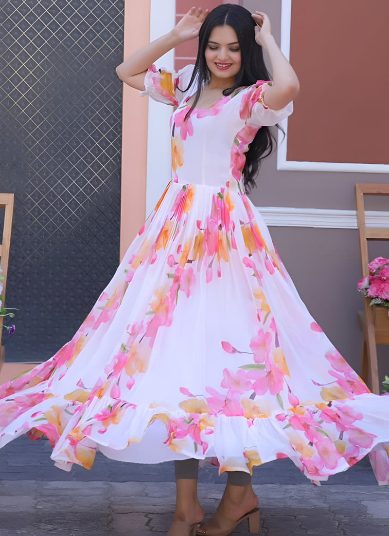 White And Pink Flower Printed Georgette Partywear Dress – Shinisha White And Pink Flower Printed Georgette Partywear Dress – Shinisha