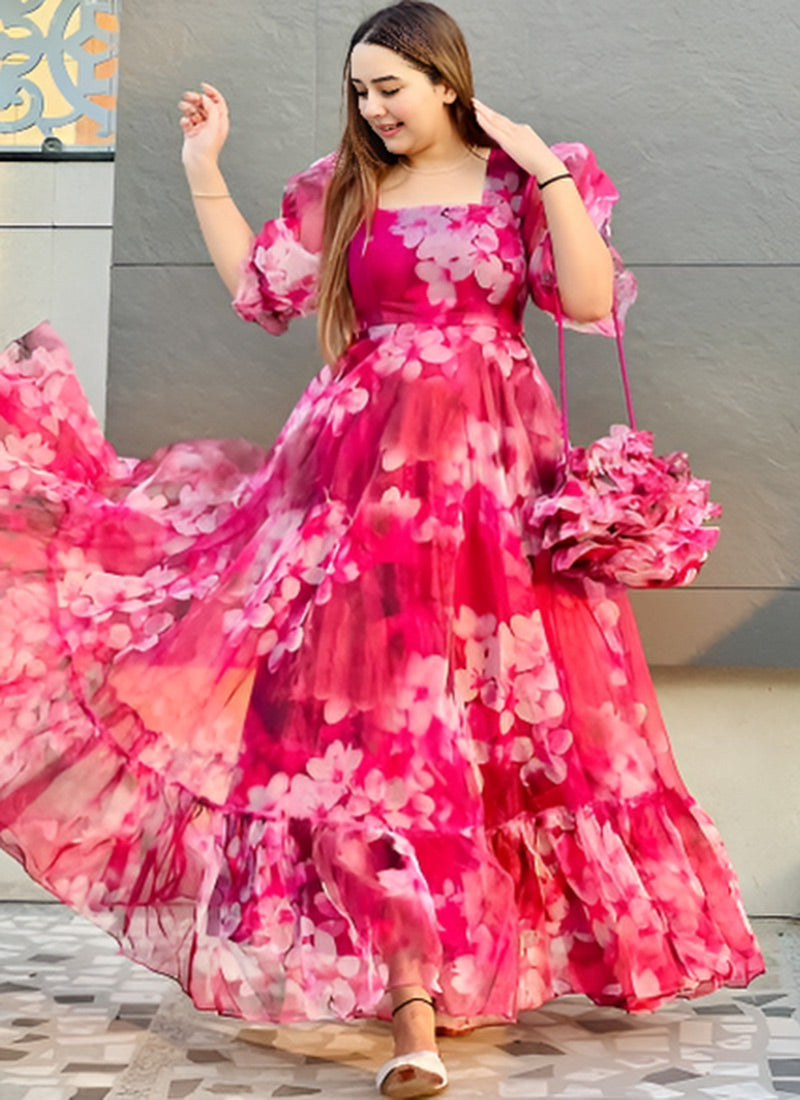 Hot Pink Flower Printed Organza Partywear Dress