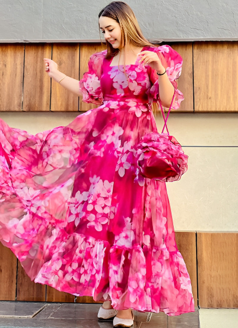 Hot Pink Flower Printed Organza Partywear Dress