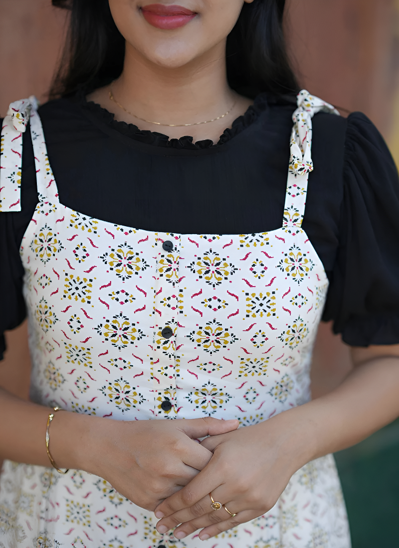 Black And Cream Printed Rayon Two Piece Dungaree Dress