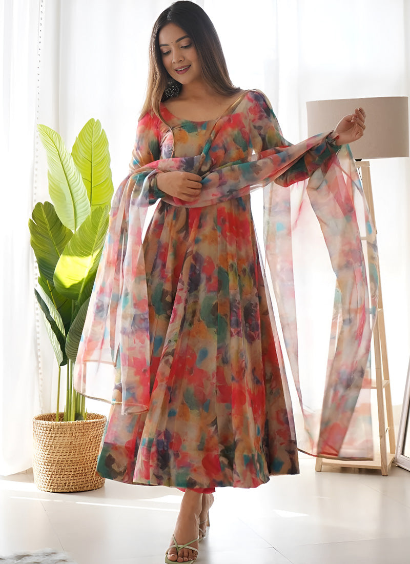 Multi Color Printed Organza Party Wear Dress With Dupatta