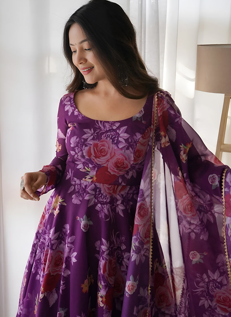 Purple Flower Printed Organza Dress with Dupatta