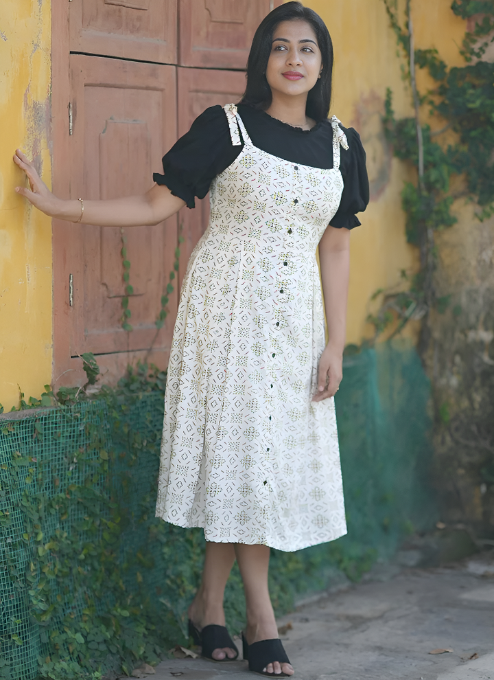 Black And Cream Printed Rayon Two Piece Dungaree Dress