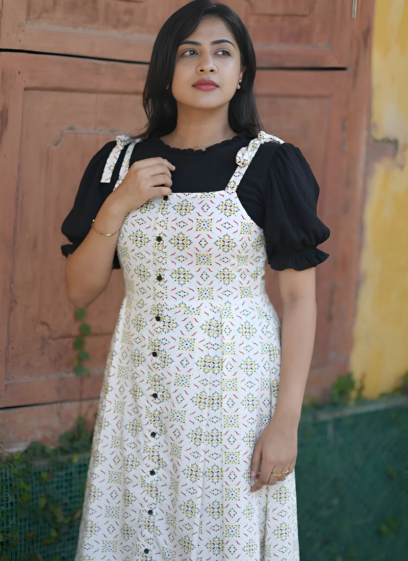 Black And Cream Printed Rayon Two Piece Dungaree Dress