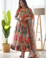 Multi Color Printed Organza Party Wear Dress With Dupatta