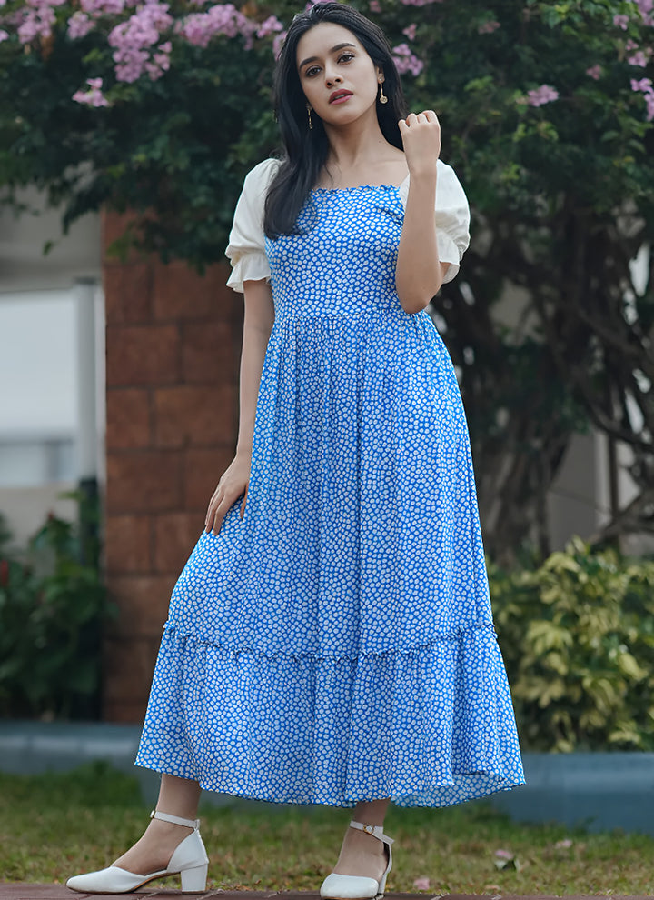 Angelic Sky Blue Color Deep Square Neck Maxi Dress