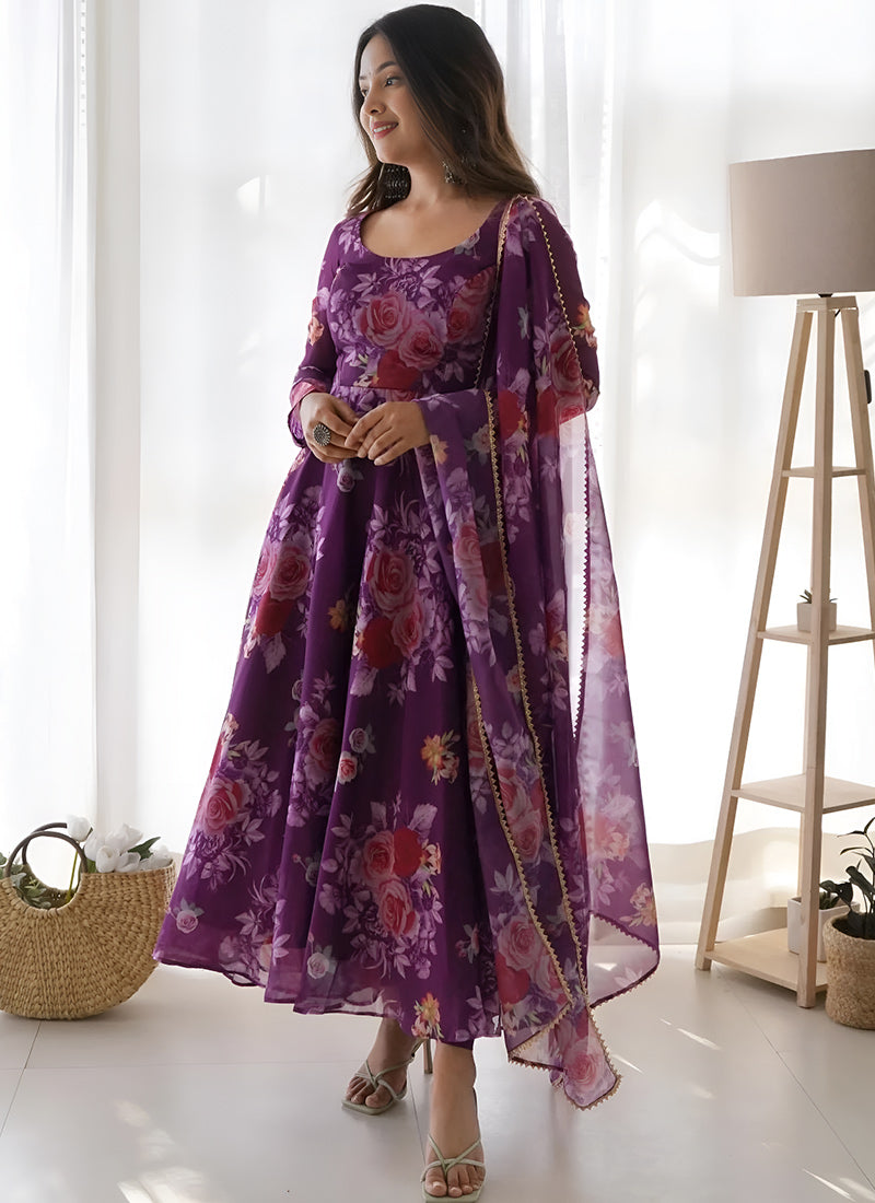 Purple Flower Printed Organza Dress with Dupatta