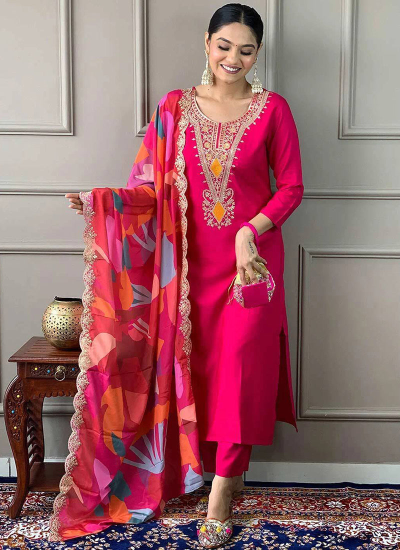 Cerise Pink Tesla Embroidered Festive Kurta Set