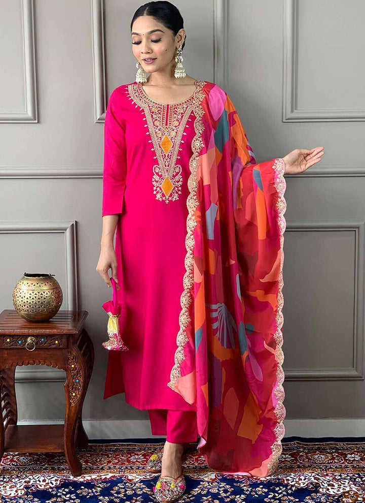Cerise Pink Tesla Embroidered Festive Kurta Set