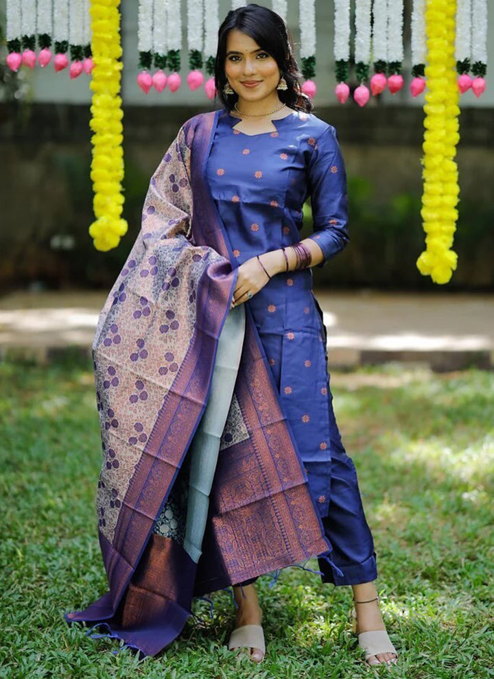 Blue Jacquard Silk Woven Festive Kurta Set