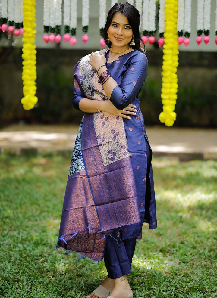 Blue Jacquard Silk Woven Festive Kurta Set