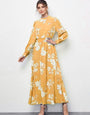 Yellow Flower Printed Rayon Midi Dress
