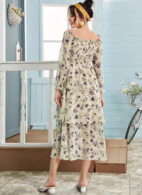 Off White Georgette Flower Printed Party Wear Midi Dress