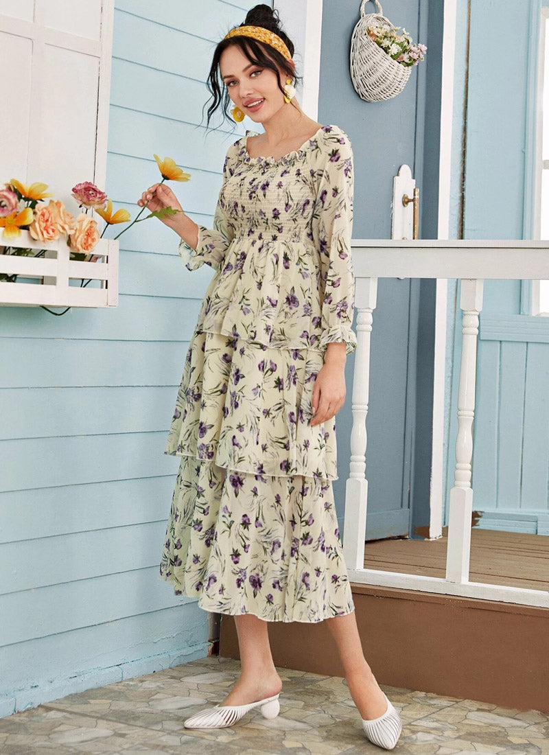 Off White Georgette Flower Printed Party Wear Midi Dress