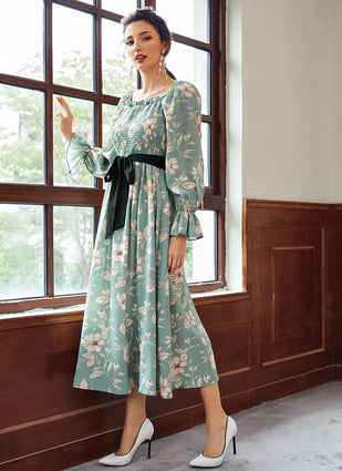 Light Green Rayon Flower Printed Midi Dress