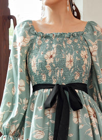 Light Green Rayon Flower Printed Midi Dress