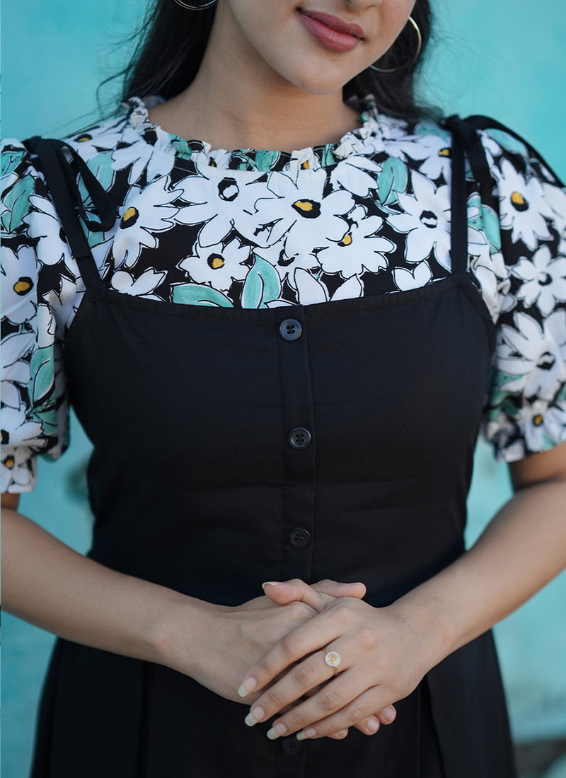 Black Rayon Flower Printed Dungaree Dress