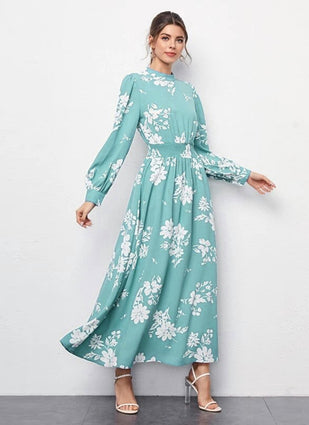 Sea Green Flower Printed Rayon Midi Dress