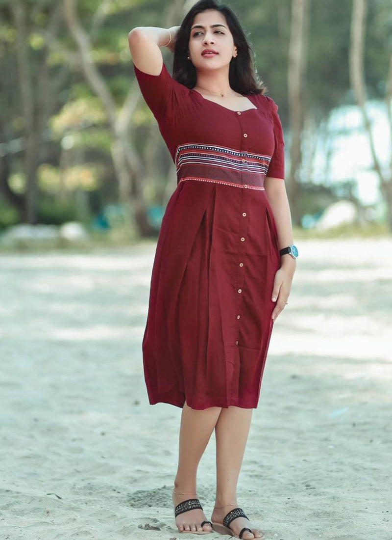 Maroon Rayon Printed Western Kurti