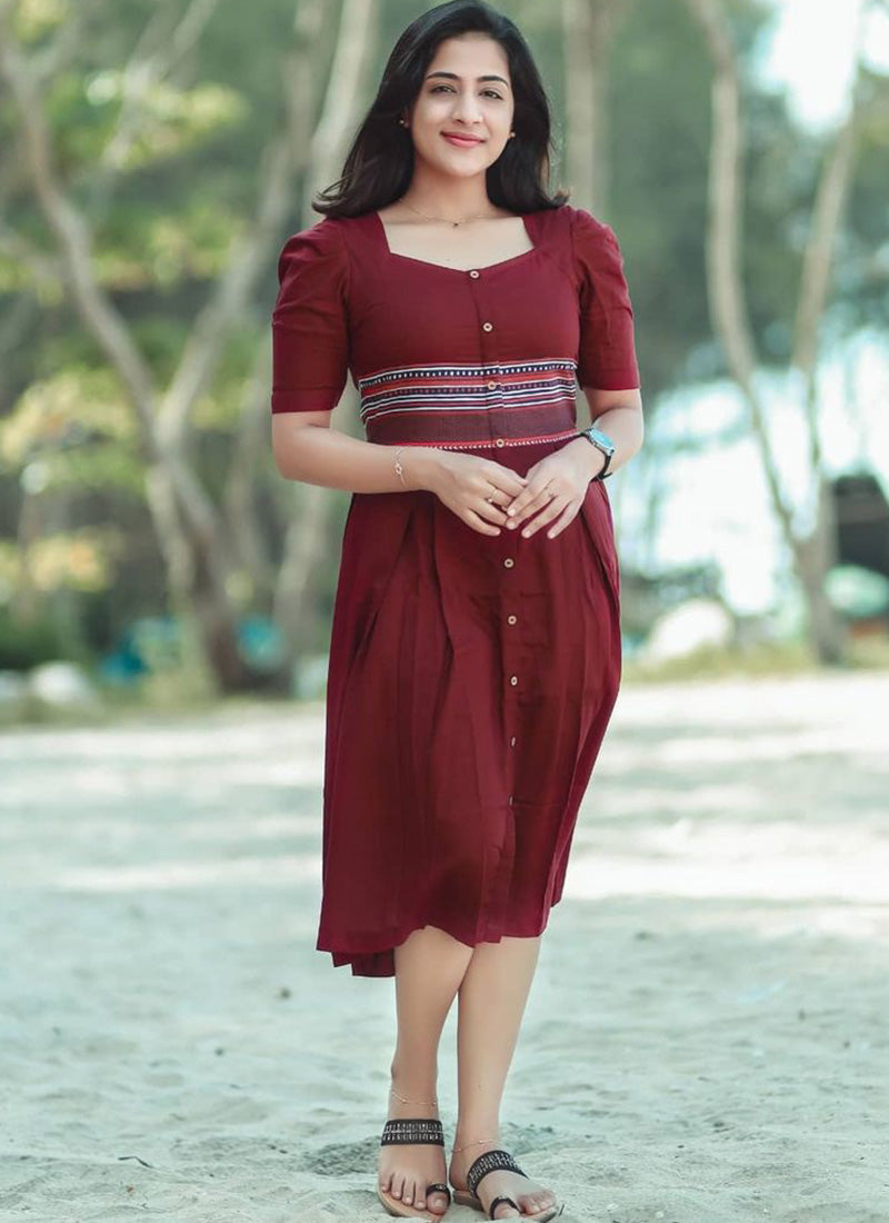 Maroon Rayon Printed Western Kurti