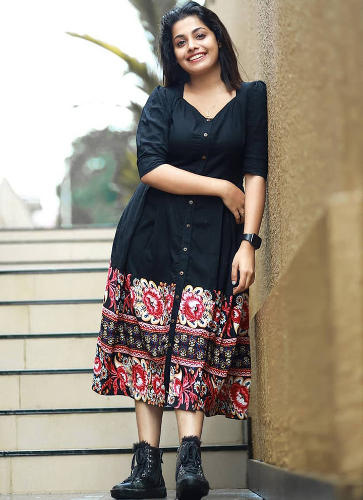 Black Rayon Printed Party Wear Kurti