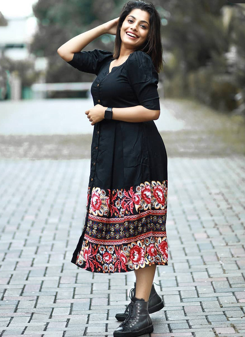 Black Rayon Printed Party Wear Kurti