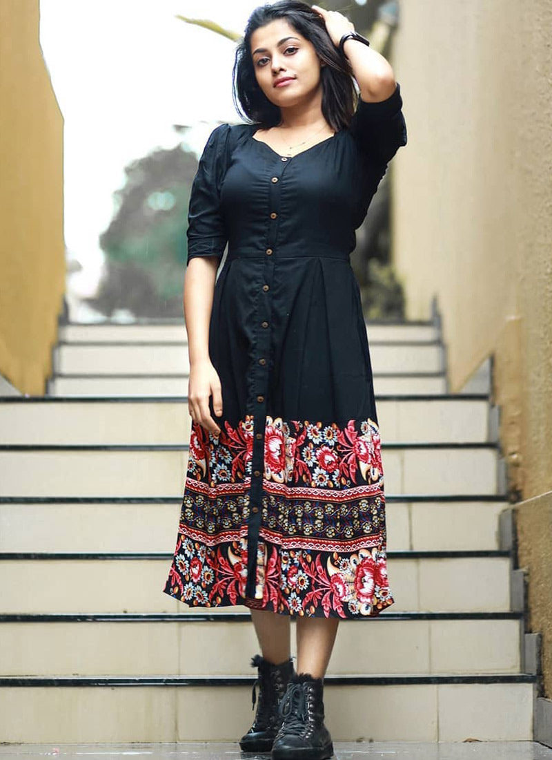 Black Rayon Printed Party Wear Kurti