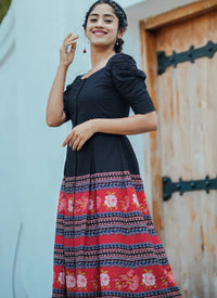 Black Viscos Rayon Flower Printed Western Dress