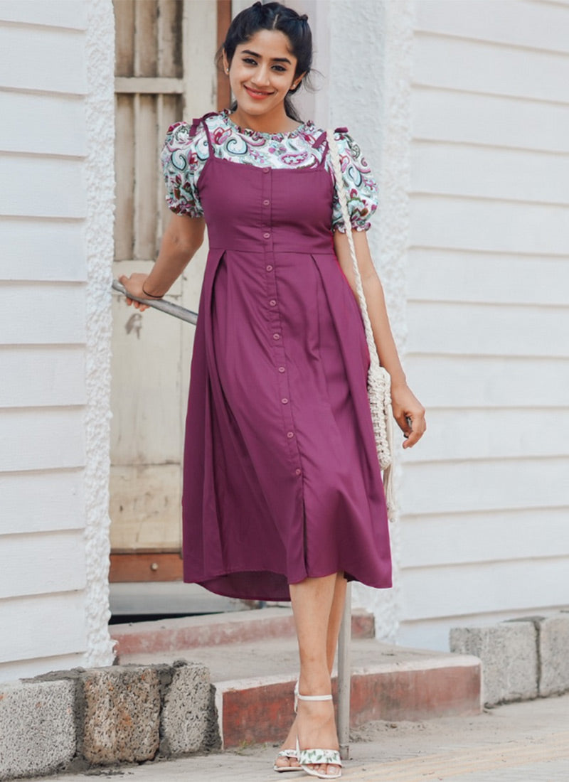 Magenta Flower Printed Rayon Dungaree Dress