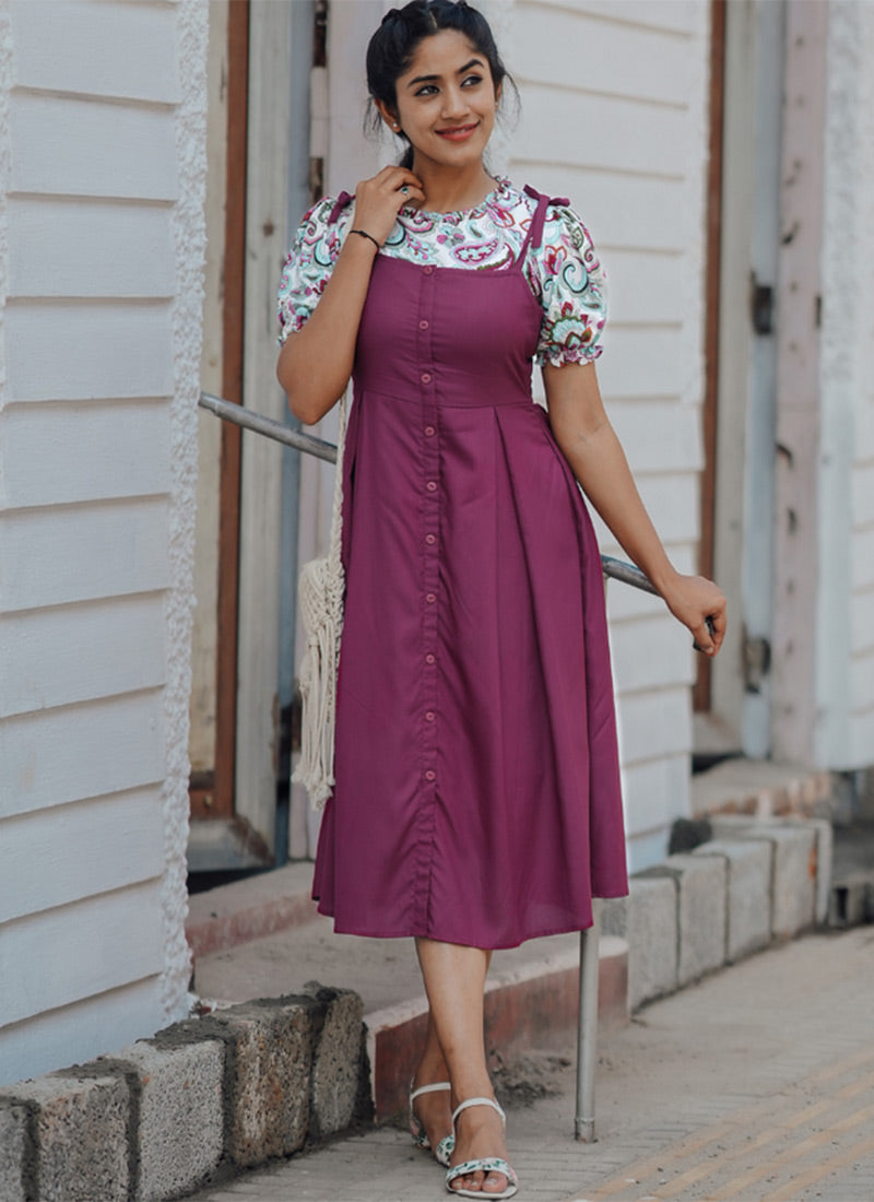 Magenta Flower Printed Rayon Dungaree Dress