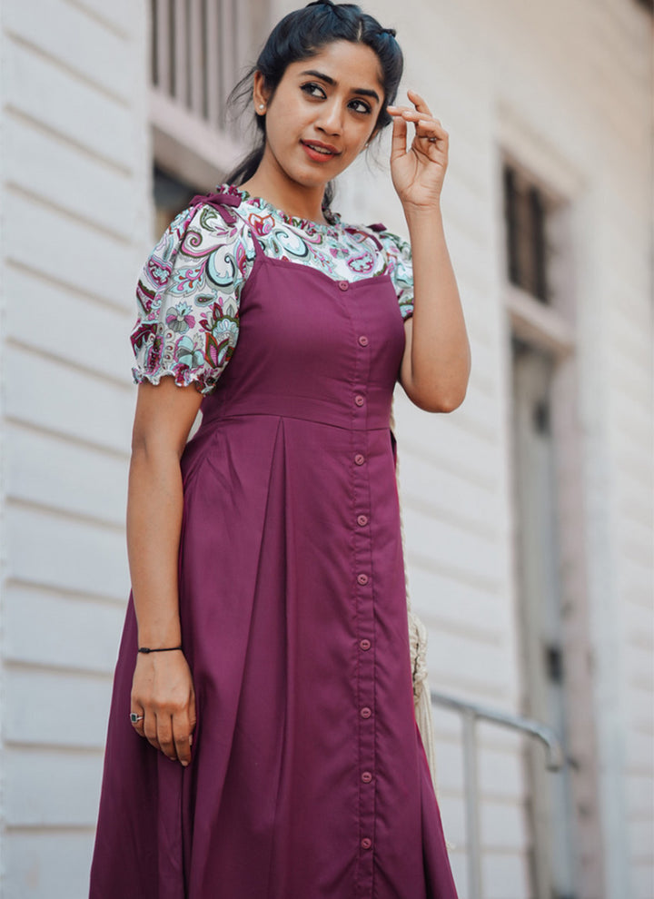 Magenta Flower Printed Rayon Dungaree Dress