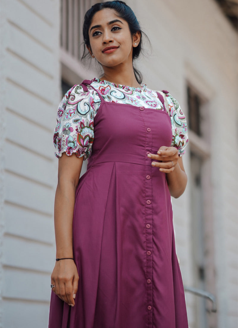 Magenta Flower Printed Rayon Dungaree Dress