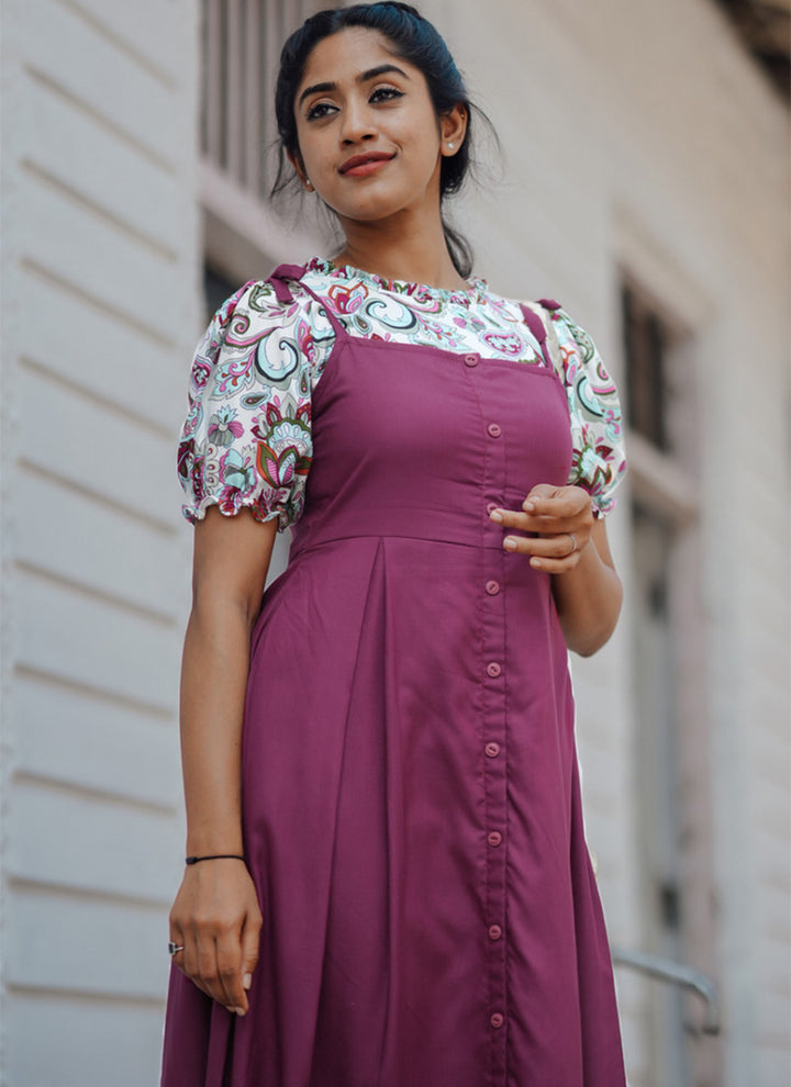 Magenta Flower Printed Rayon Dungaree Dress