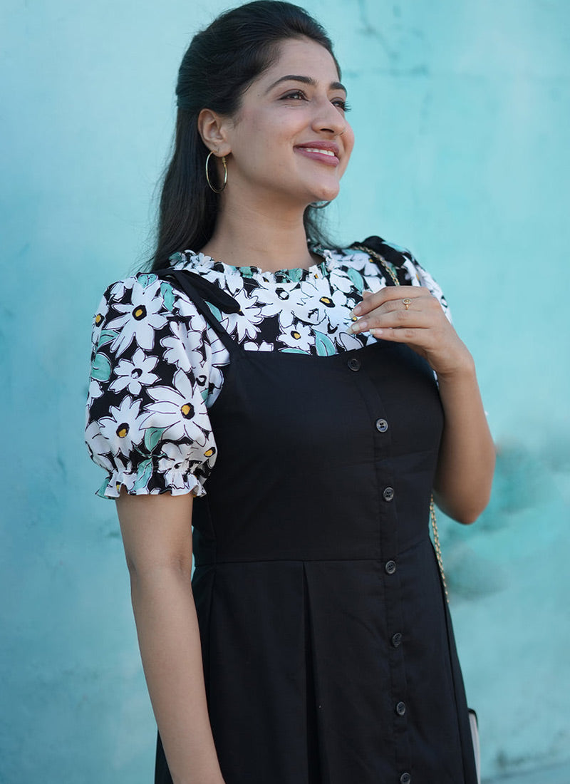 Black Rayon Flower Printed Dungaree Dress