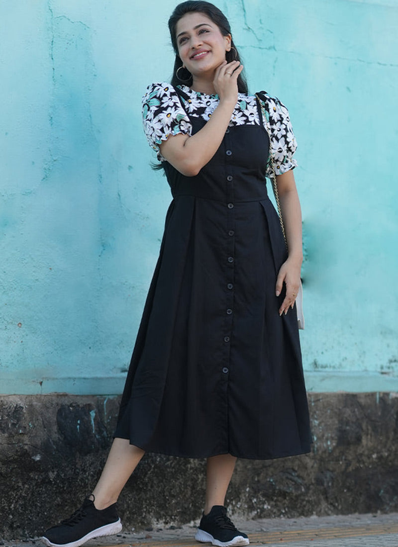 Black Rayon Flower Printed Dungaree Dress