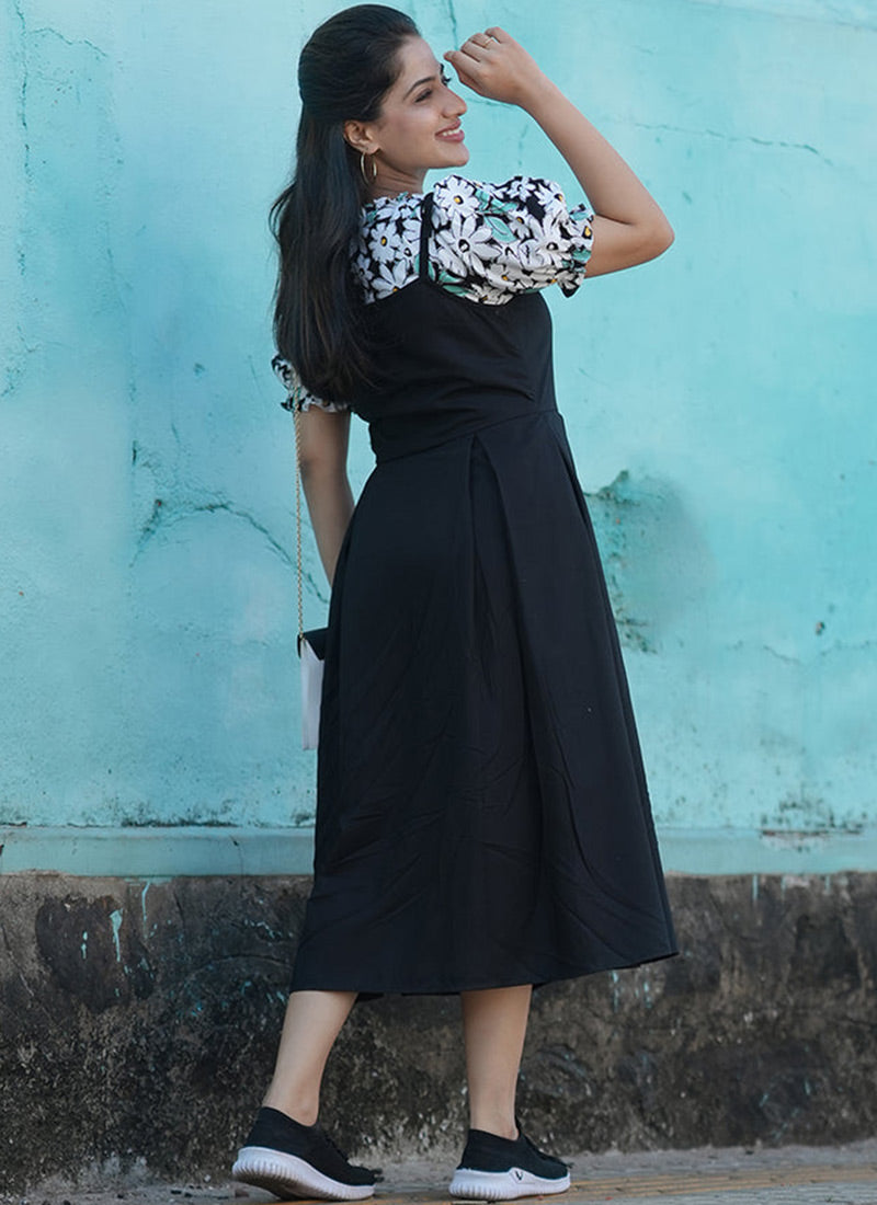 Black Rayon Flower Printed Dungaree Dress