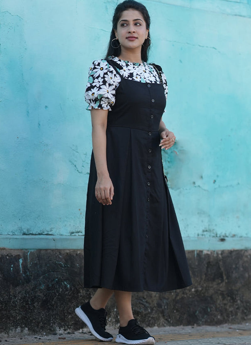 Black Rayon Flower Printed Dungaree Dress