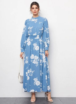 Blue Flower Printed Rayon Midi Dress