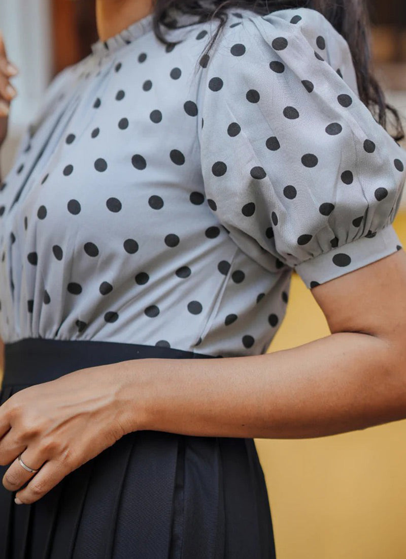 Grey And Black Viscos Rayon Polka Dot Printed Western Dress