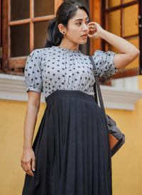 Grey And Black Viscos Rayon Polka Dot Printed Western Dress