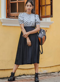 Grey And Black Viscos Rayon Polka Dot Printed Western Dress