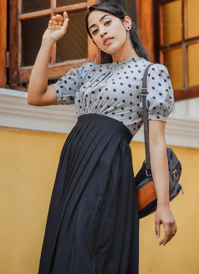Grey And Black Viscos Rayon Polka Dot Printed Western Dress