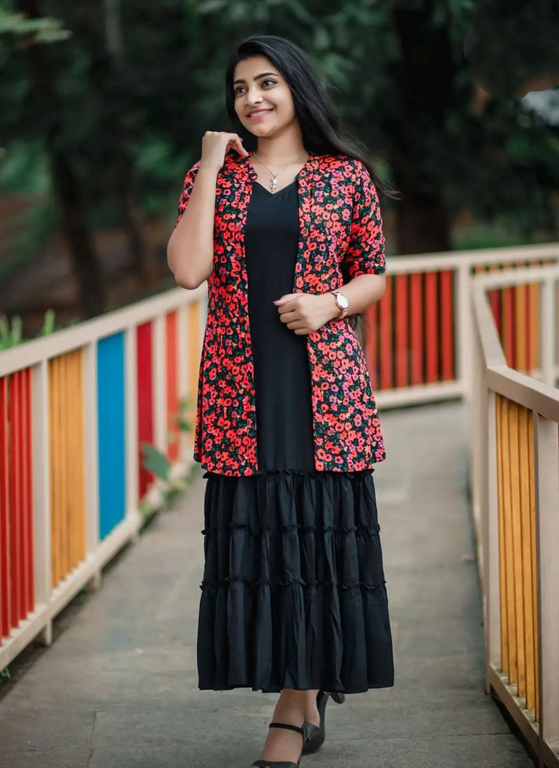 Black Rayon Printed Western Dress With Koti