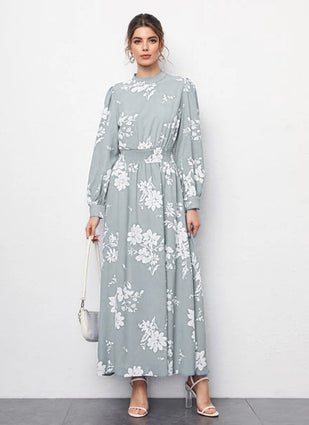 Grey Flower Printed Rayon Midi Dress