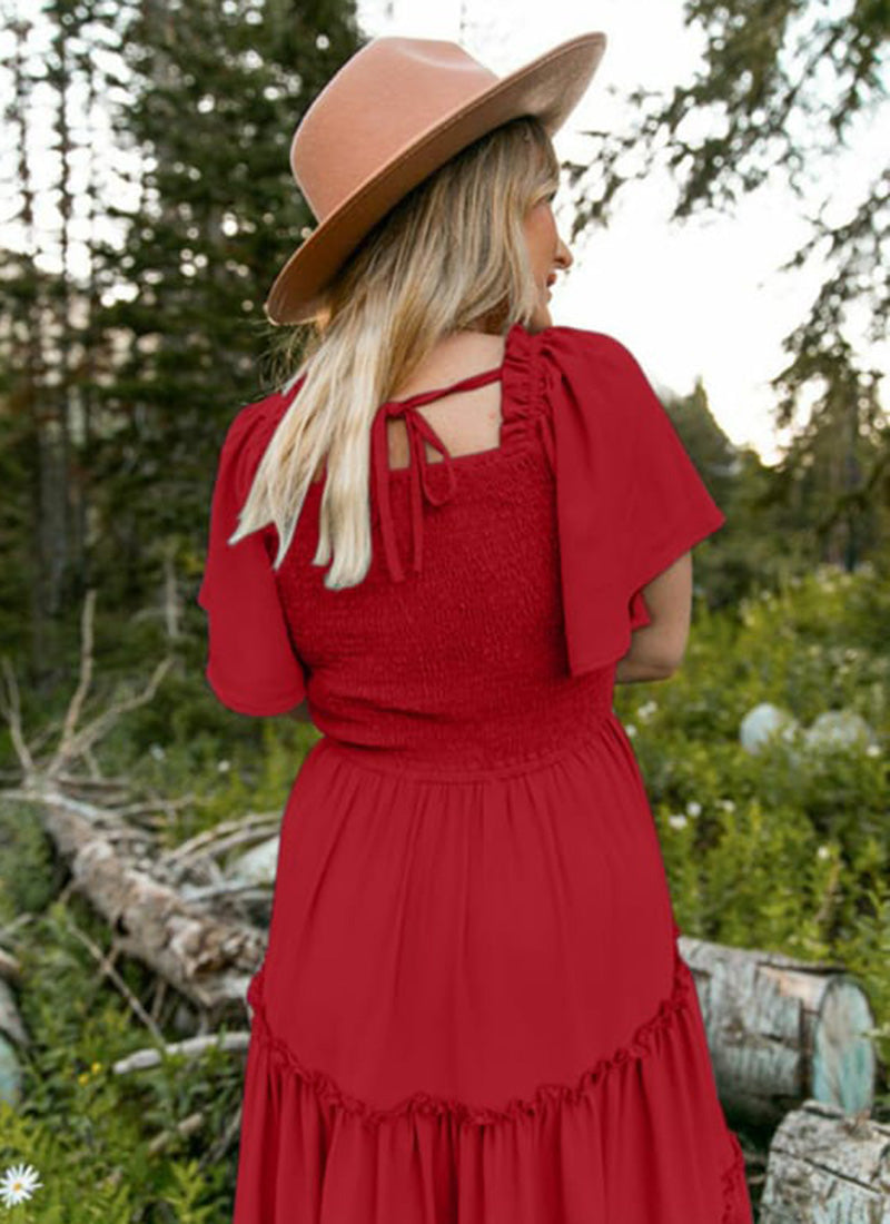 Red Rayon Designer Midi Western Dress