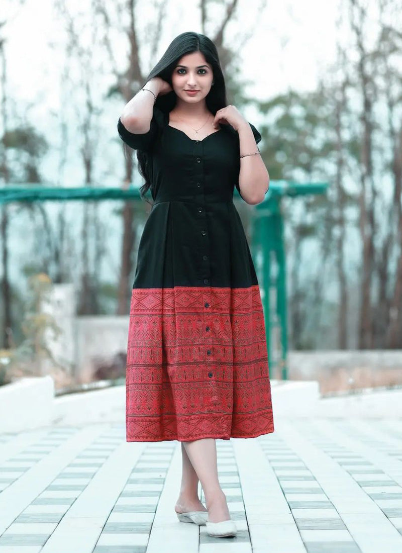 Black And Red Printed Western Dress